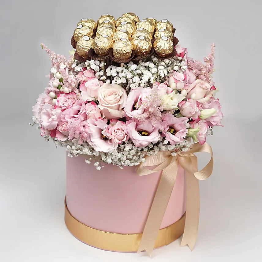 Luxurious Mixed Flowers & Ferrero Rocher Pink Box: 