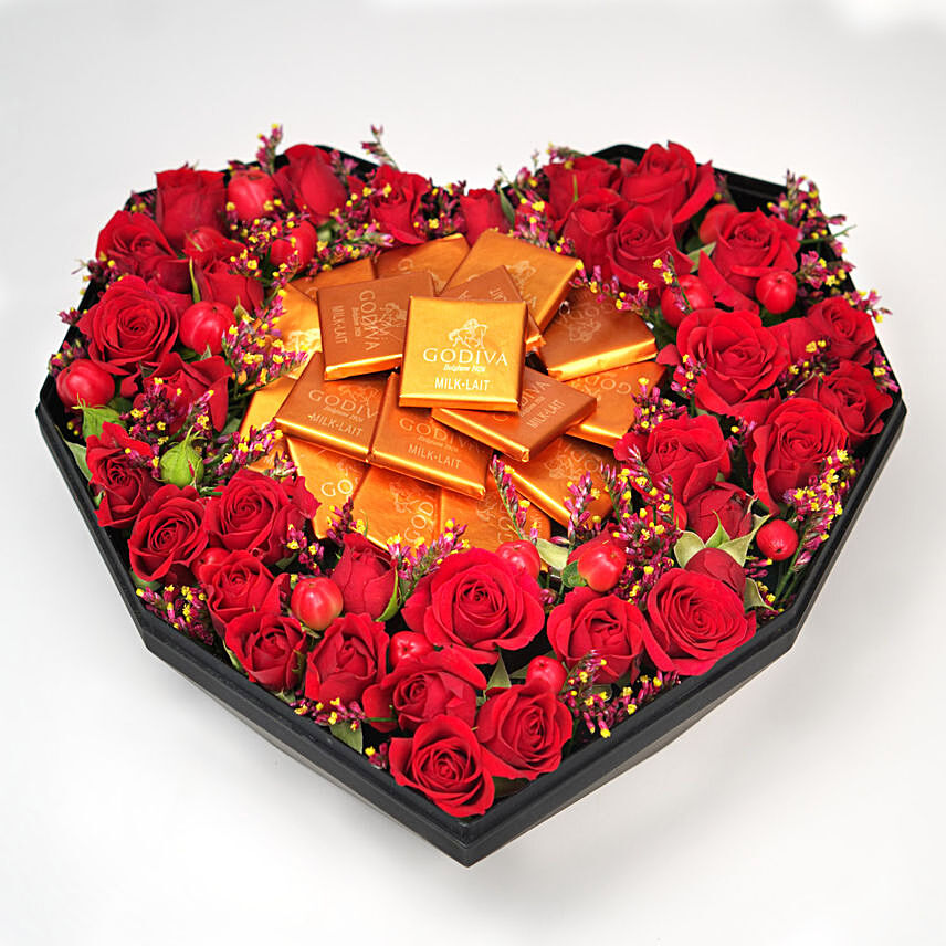 Mixed Flowers & Chocolates Heart Shaped Black Box: Send Combos To Qatar
