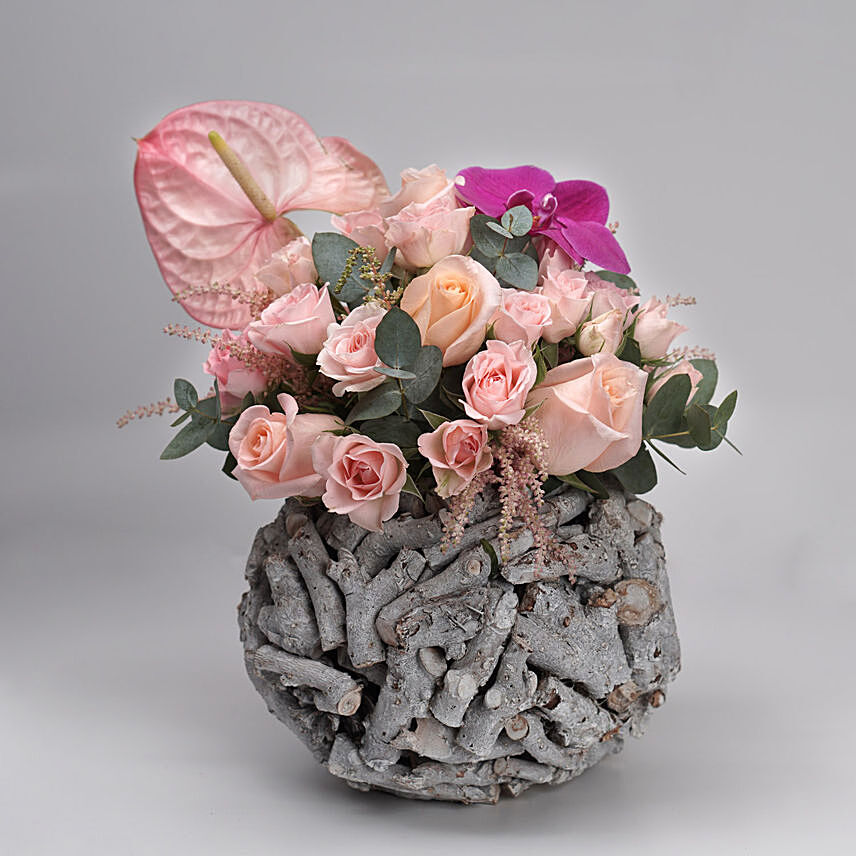 Mixed Flowers Wooden Round Vase: Send Anniversary Gifts To Qatar