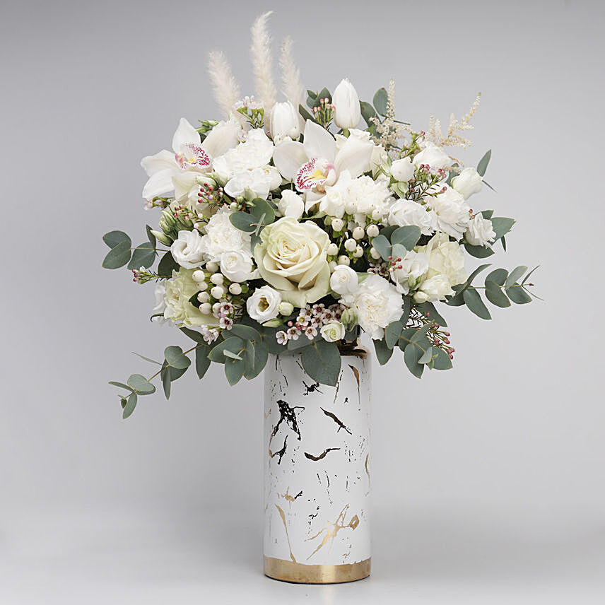 Serene Mixed Flowers White Vase: Send Anniversary Gifts To Qatar