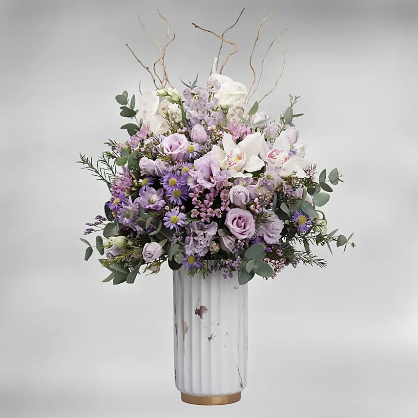 Splendid Mixed Flowers White Vase: Send Birthday Gifts to Qatar