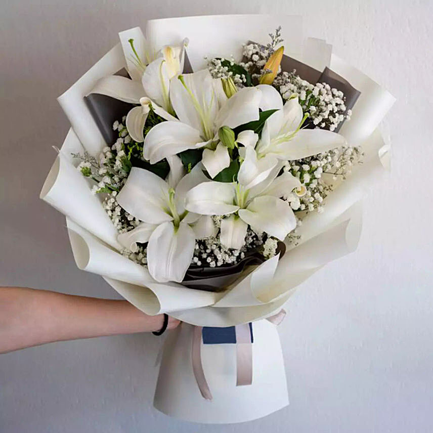 Charming White Lilies Bouquet: Flower Bouquet To Qatar