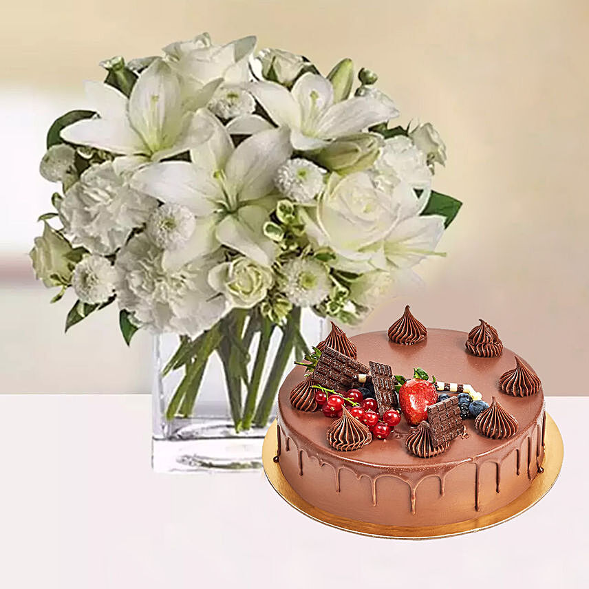 Serene White Flower Vase & Fudge Cake: Flower and Cakes Delivery in Qatar