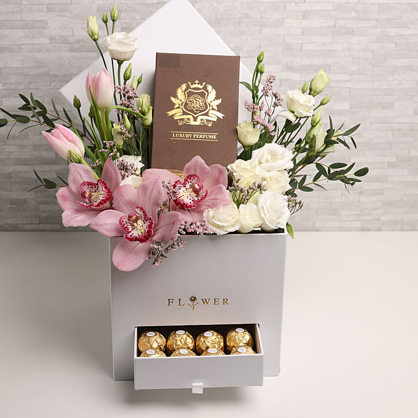 Flower Box with Perfume: Send Flowers N Chocolates to Qatar