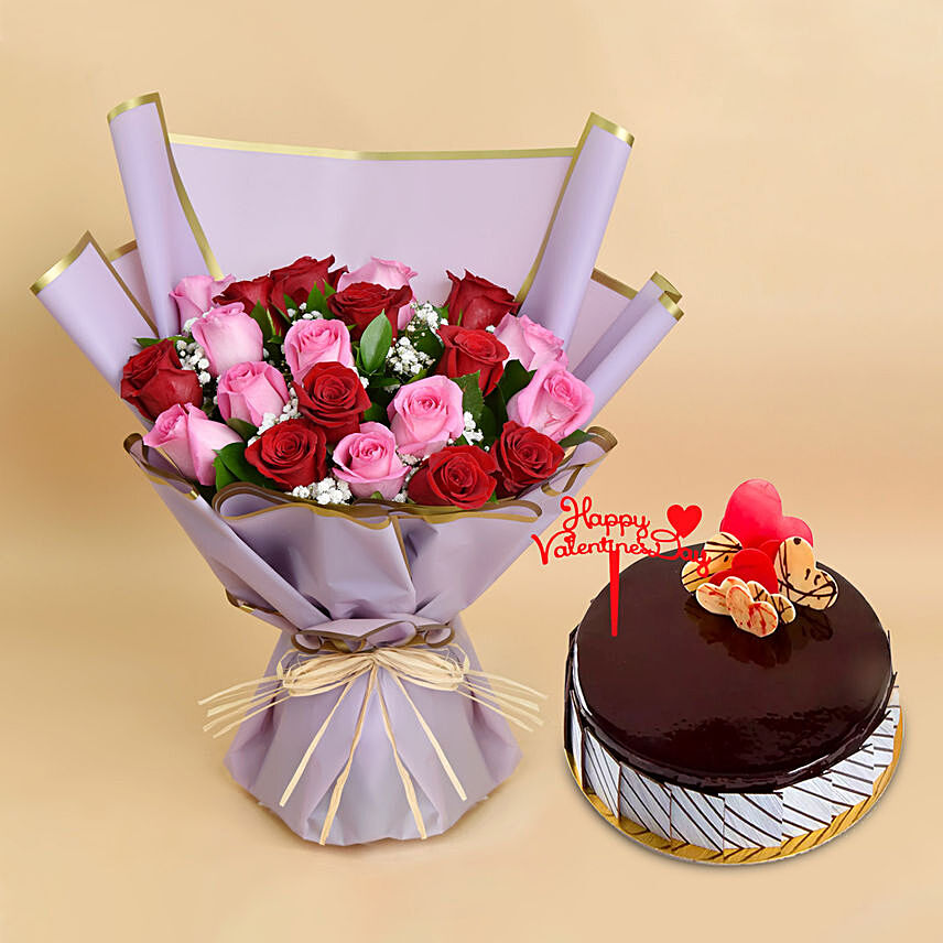 Happy Valentines Day Roses & Cake Combo: Valentines Day Gifts to Qatar