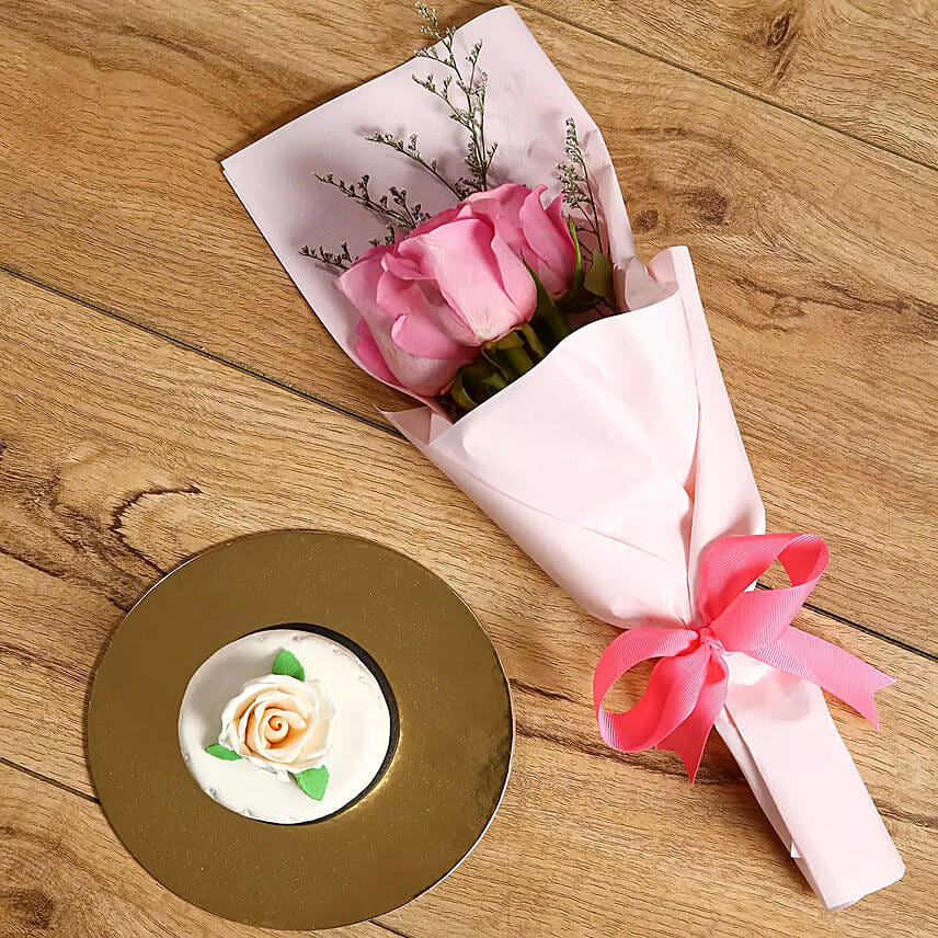 Pink Roses Bouquet & Mono Cake Combo: 