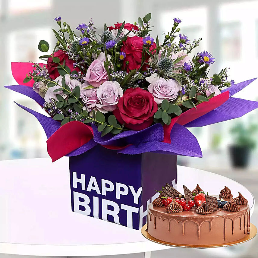 1 Kg Chocolate Cake With Birthday Flower Arrangement: 