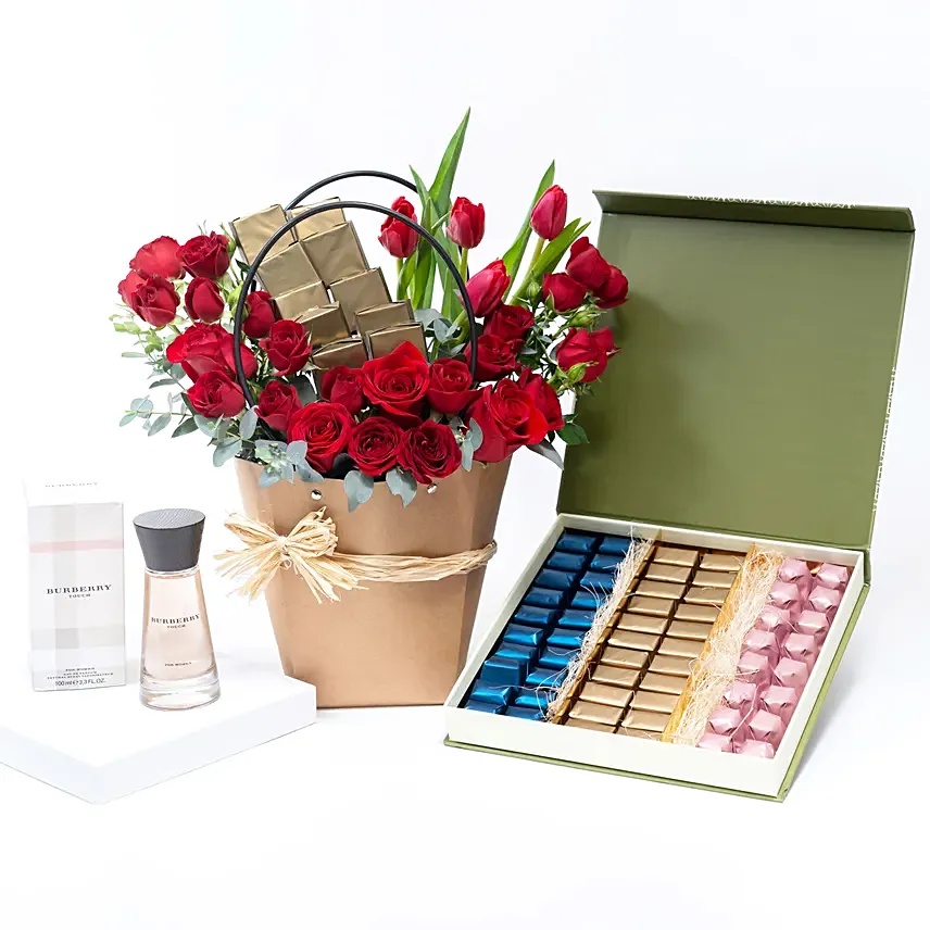 Red Roses Arrangement with Chocolates and Perfume: 