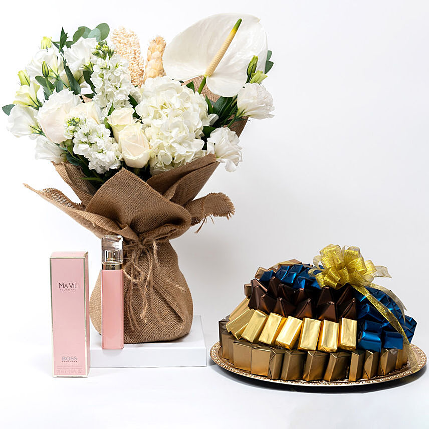 White Flowers Bouquet with Perfume and Chocolate: Send Flowers N Chocolates to Qatar