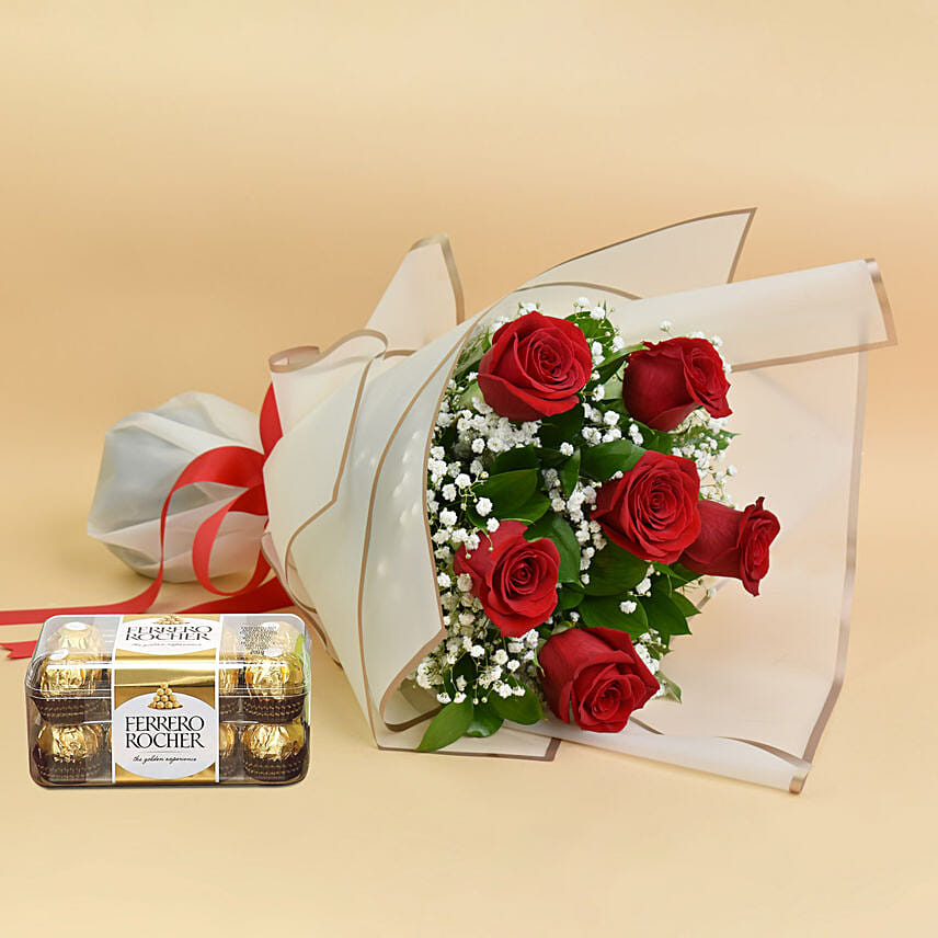 Valentines 6 Roses Bouquet And Chocolates: 