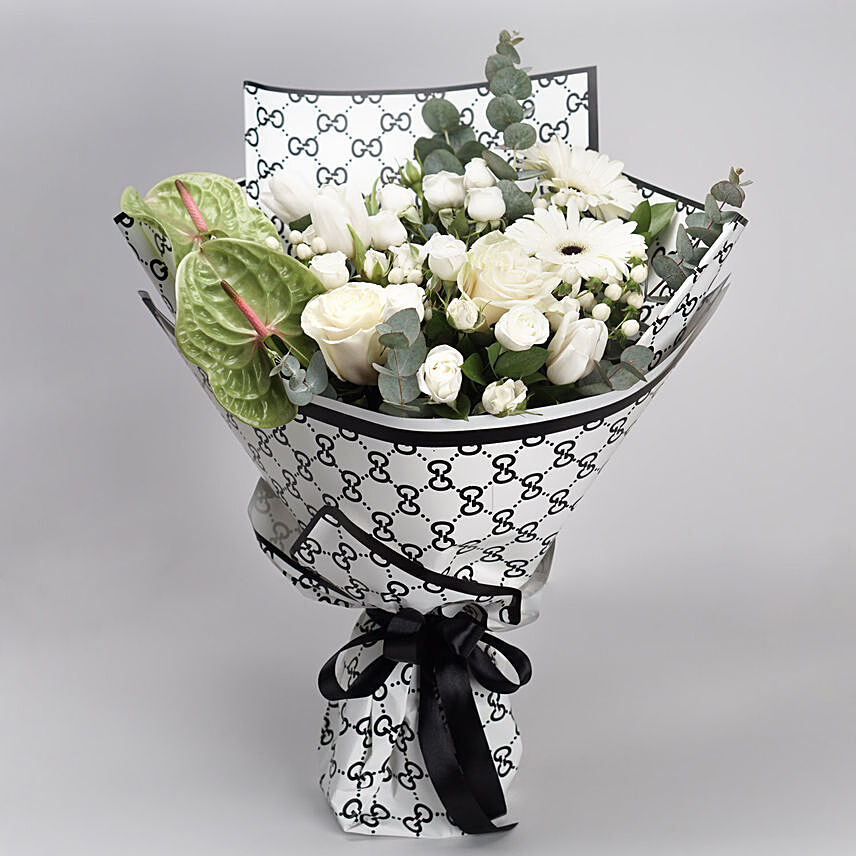 Gucci Wrapping Mixed Flowers Bouquet: Send Birthday Flowers To Qatar
