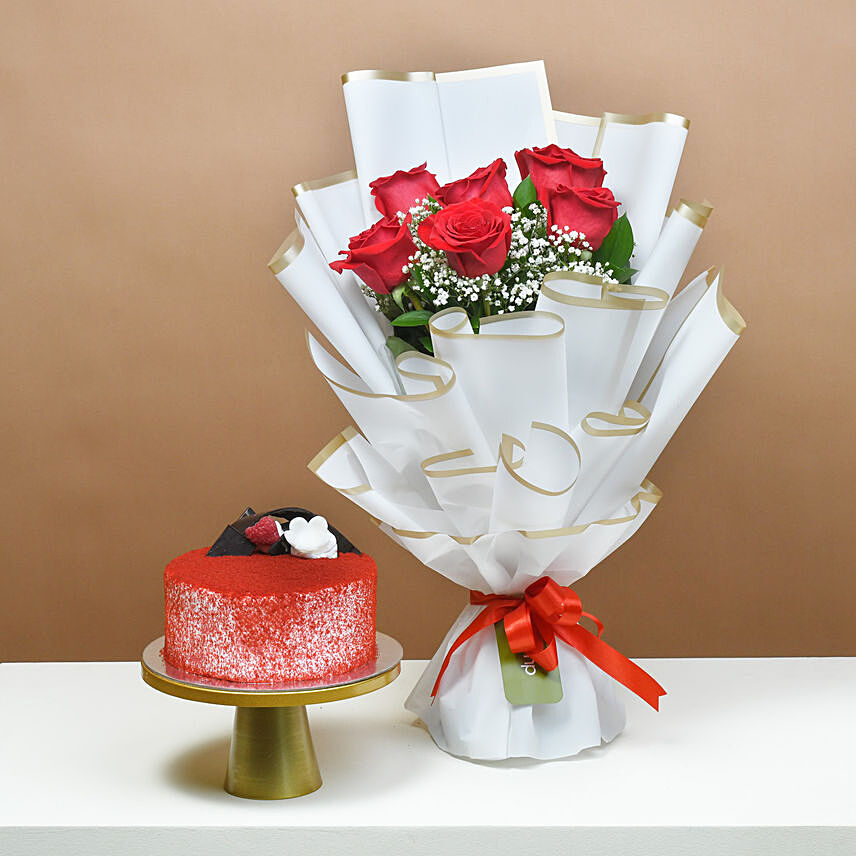 Red Roses with Red Velvet Cake: Flower and Cakes Delivery in Qatar