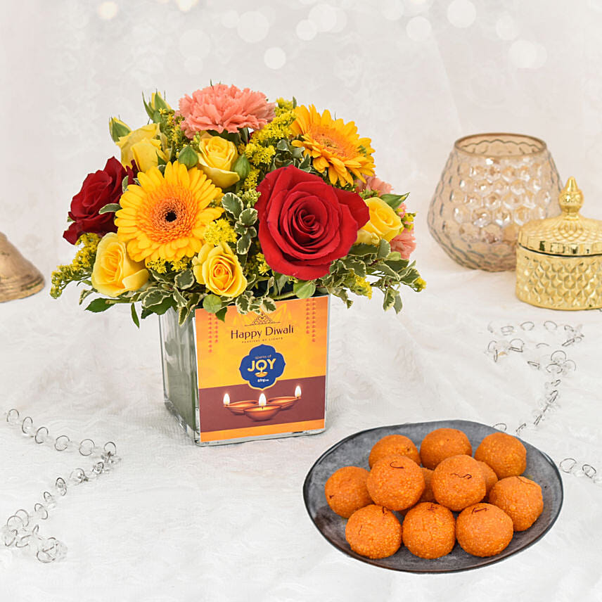 Sparks of Joy Diwali Flower Arrangement and Motichoor Laddoo: 