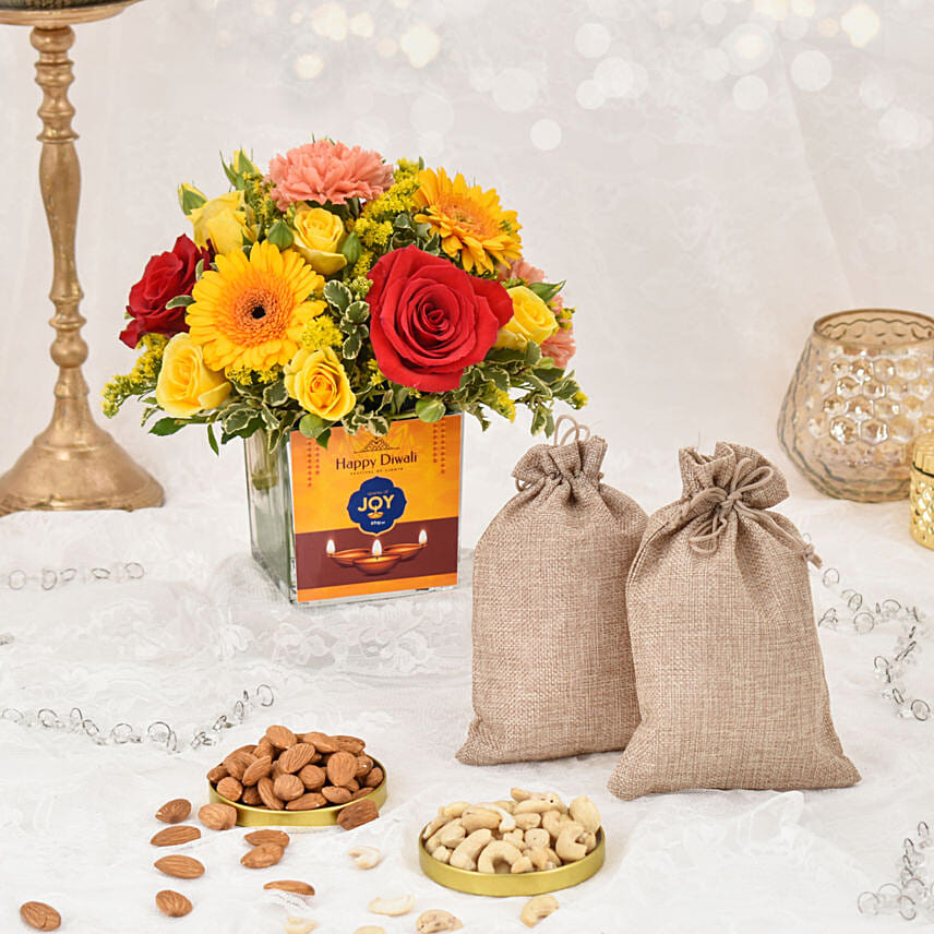 Sparks of Joy Diwali Flower Arrangement With Nuts: Send Sweets To Qatar