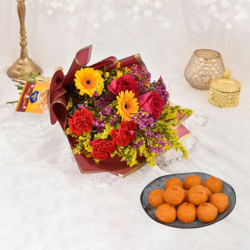 Sparks of Joy Diwali Flower Bouquet and Motichoor Laddoo: Send Sweets To Qatar