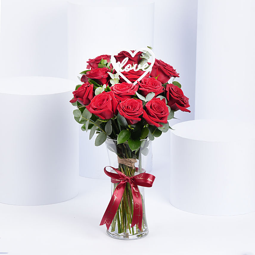 Red Roses With Love Topper In Glass Vase: Valentines Day Gifts to Qatar
