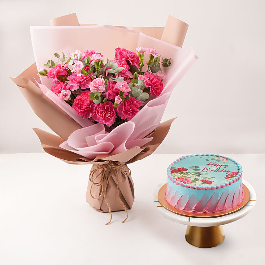 Birthday Wish Carnation Bouquet And Cake: 