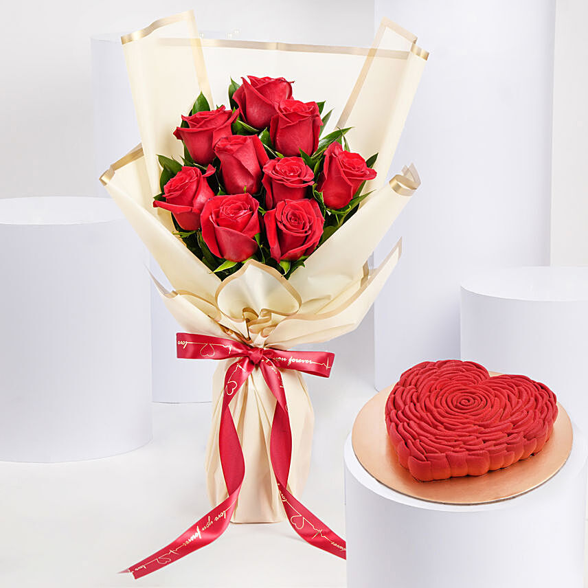 Love Expression 9 Roses Bouquet With Heart Shape Cake: Flower Bouquet To Qatar