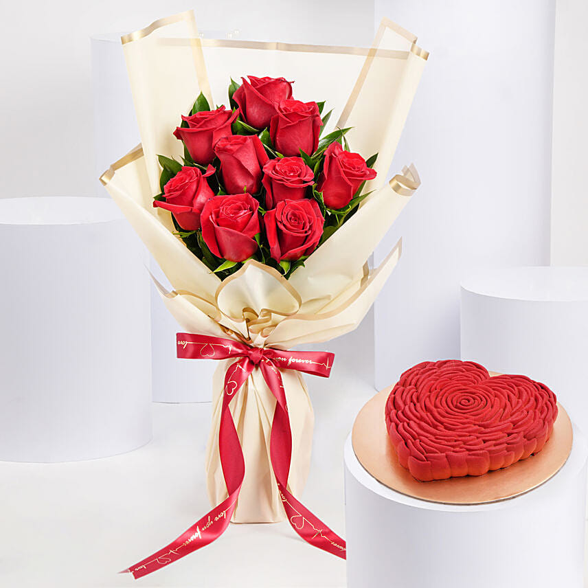 Love Expression 9 Roses Bouquet With Heart Shape Cake: Flower Bouquet To Qatar