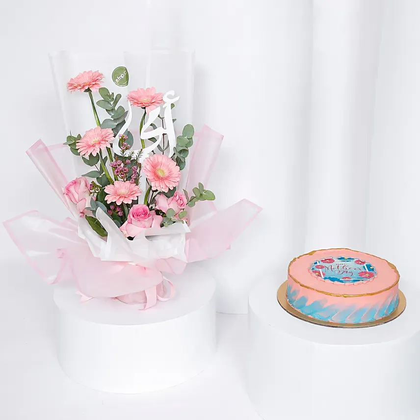 Pink Mixed Flower Bouquet with Cake: 