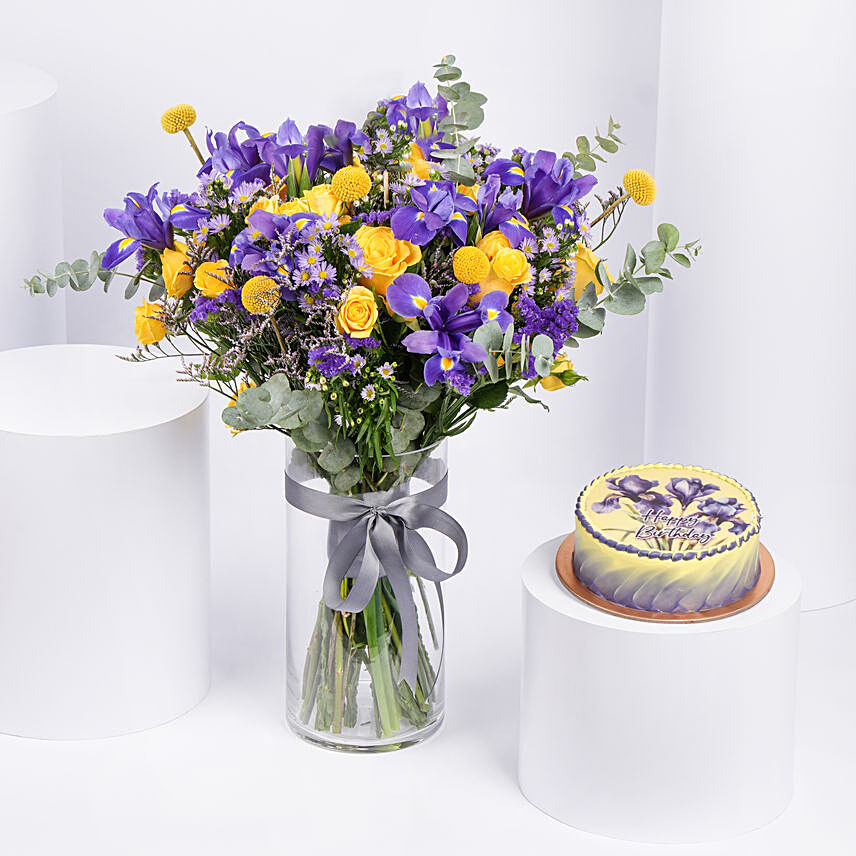 February Birthday Iris Flowers Arrangement and Cake: 