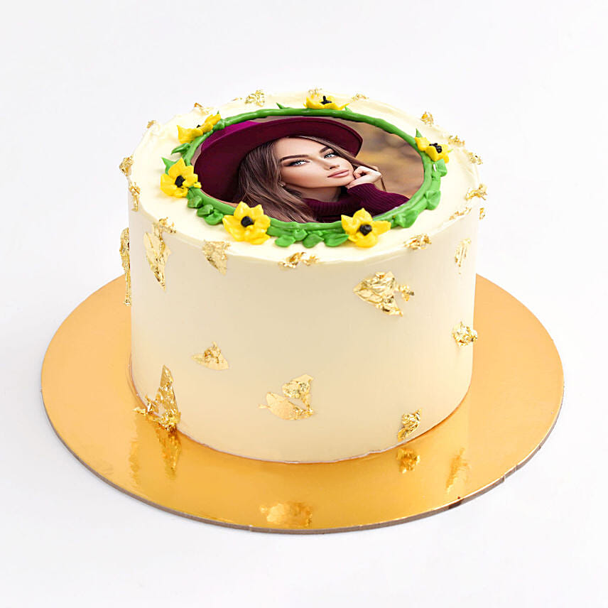Sun Flower Photo Cake With Golden Leaves: 