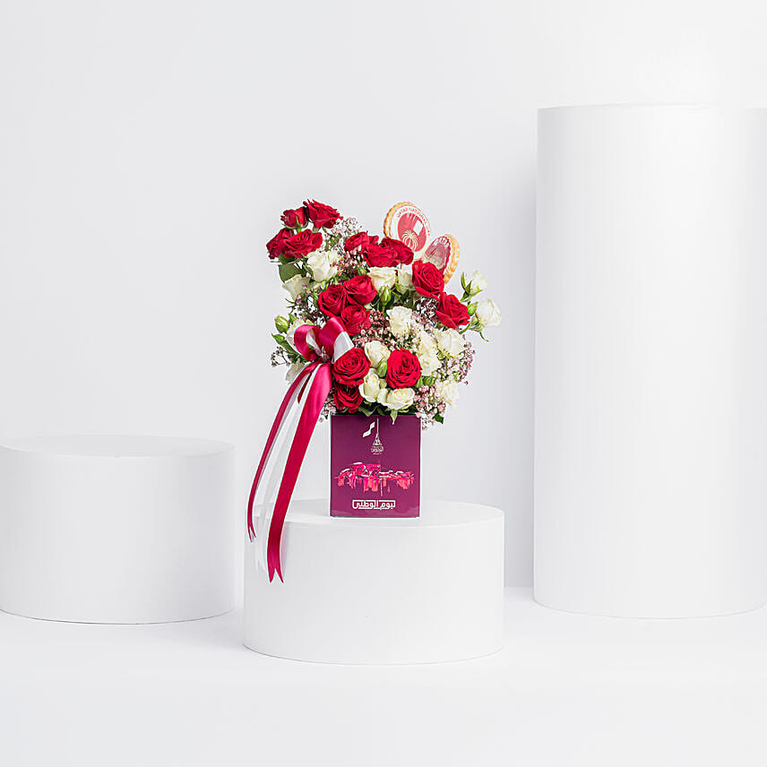 National Day Theme Baby Roses & Cookies Arrangement: Send Gifts to Qatar from UAE
