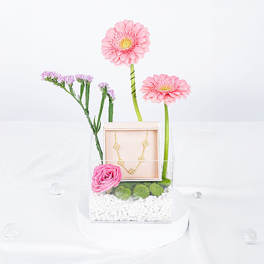 Pink Floral Gift Box with Silver Bracelet: 