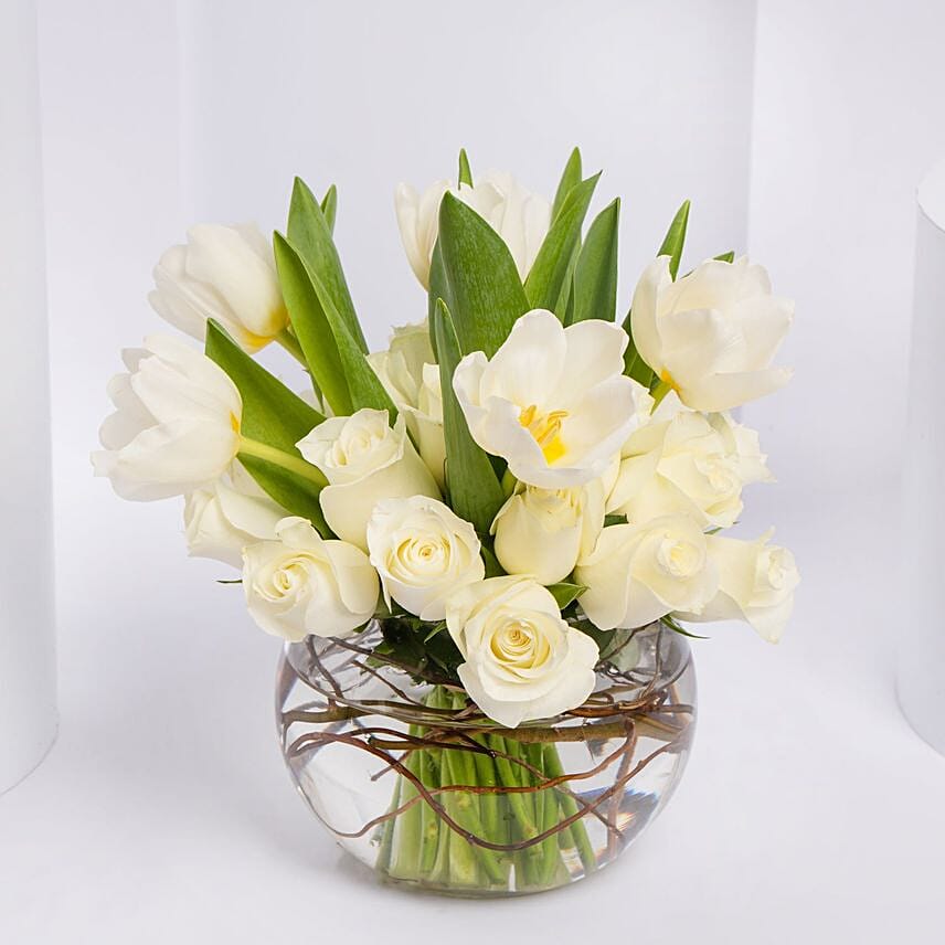 Elegant White Roses & Tulips Vase: 