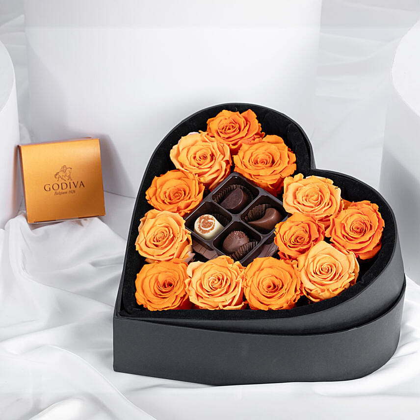 12 Orange Forever Roses | Godiva Chocolate: 