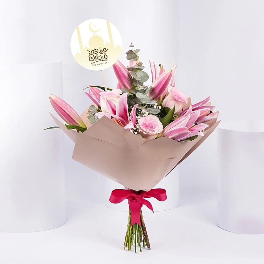 Eid Mubarak | Pink Lilies Bouquet: Flower Bouquet To Qatar