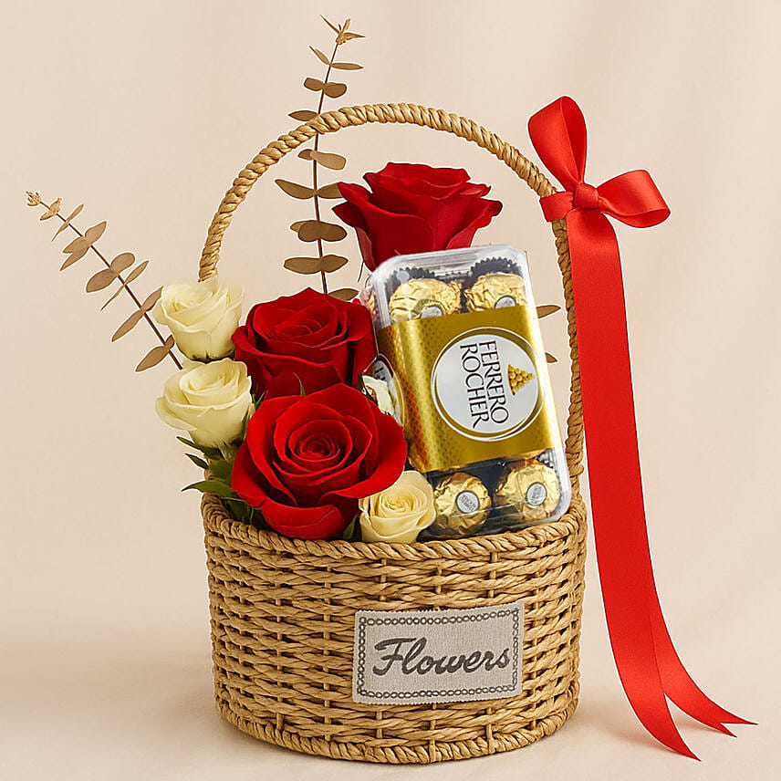 Red Roses N Ferrero Rocher Basket: 