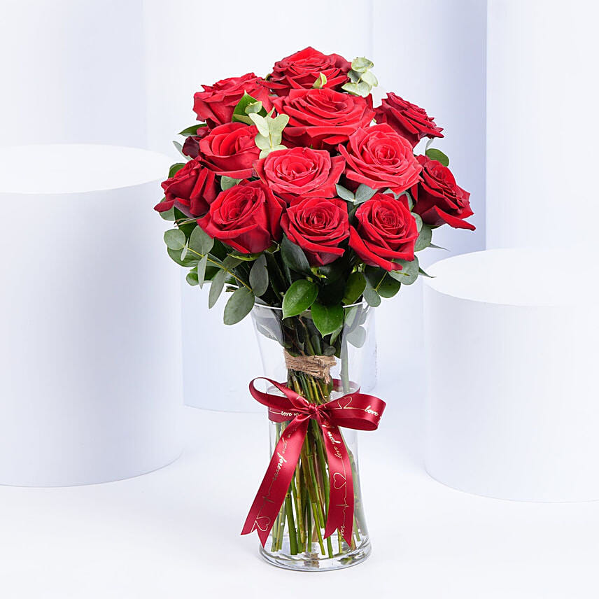 12 Fresh Red Roses Vase Arrangement: Send Birthday Flowers To Qatar