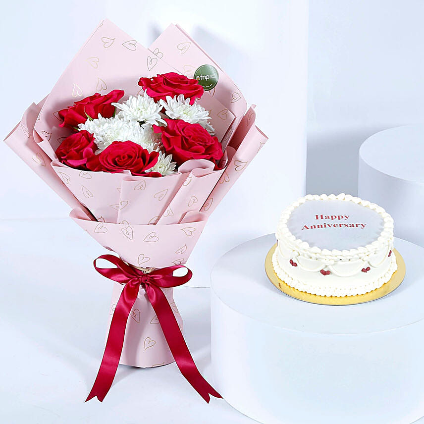 Anniversary Flower Bouquet N Candle Cake: 