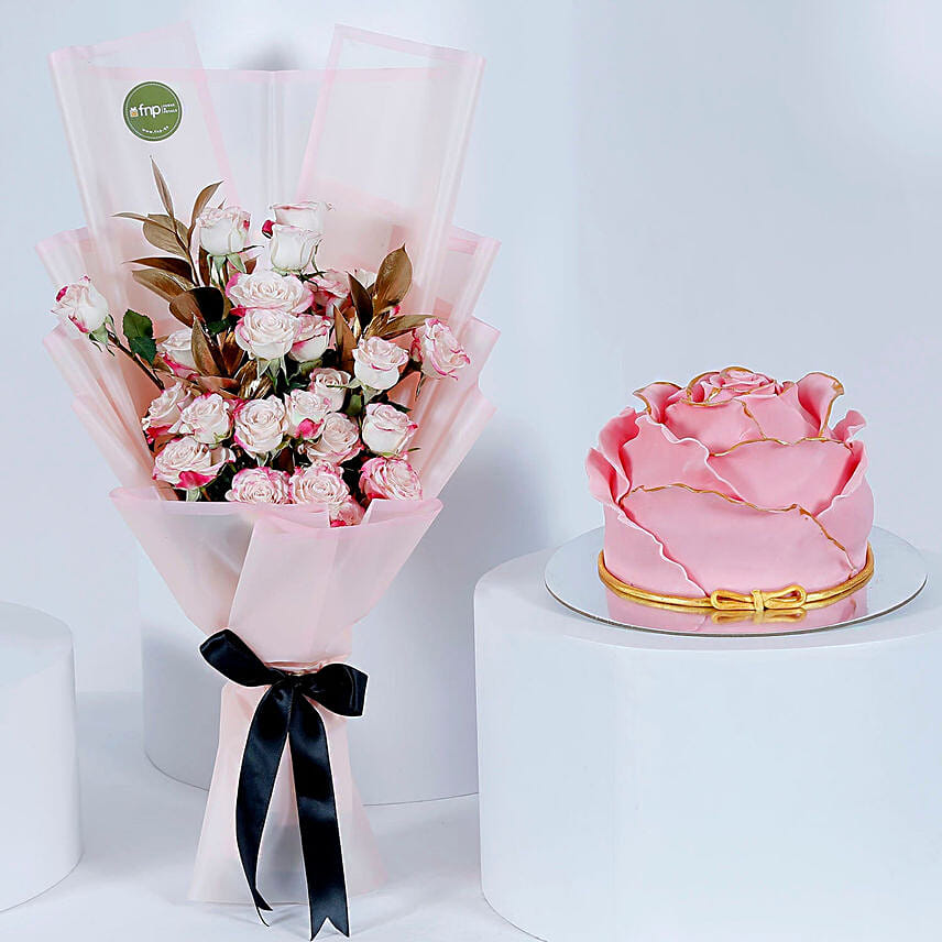 Pink Flower and Cake Combo: Flower and Cakes Delivery in Qatar