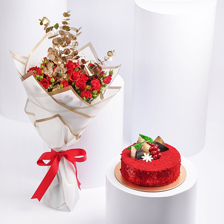 Red Spray Rose & Red Velvet Cake: Flower and Cakes Delivery in Qatar