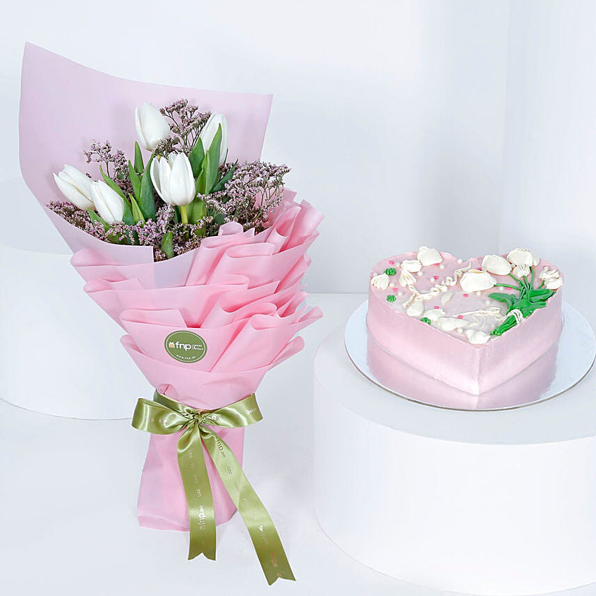 Tulip Flowers Bouquet with Heart Shape Cake: Send Romantic Gifts To Qatar