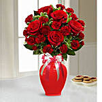 Red Roses and Carnations Flower in Ceramic Vase