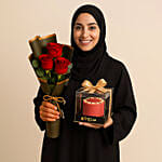 Designer Cake and Red Roses Bouquet