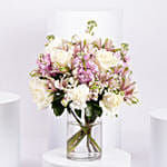 Pink and White Floral Bunch In Glass Vase