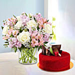 Pink and White Floral Bunch With Red Velvet Cake