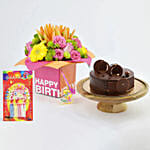 Combo Flower Flower Arrangement Asiatic Lily Chrysanthemum Gerbera Roses Cake Chocolate Fudge Cake 1kg Cake Flowers