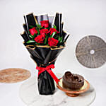 Chocolate Cake with Buch of 6 Red Roses