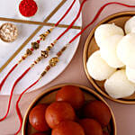 Traditional Feng Shui Rakhi Set with 1 Kg Gulab Jamun Tin and Rasgulla