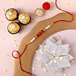 White Pearl And Velvet Beads Rakhi with 250 grams Kaju Katli and 3 Ferrero Rocher