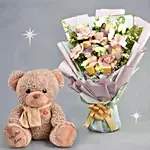Mesmerising Flowers and Chocolates Bouquet with Teddy bear