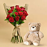 Valentines 12 Roses Bouquet And Teddy