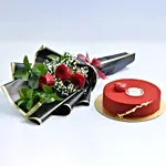 3 Red Roses Valentine Bouquet With Cake