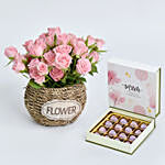 Pink Spray Roses in Small Basket And Chocolate
