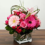 Roses and Gerbera Arrangement in Glass Vase